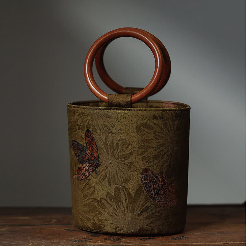 Buddha Stones Bamboo Leaf Butterfly Cherry Blossom Persimmon Wood Handle Handbag - Butterfly 16*17*12cm - image 12