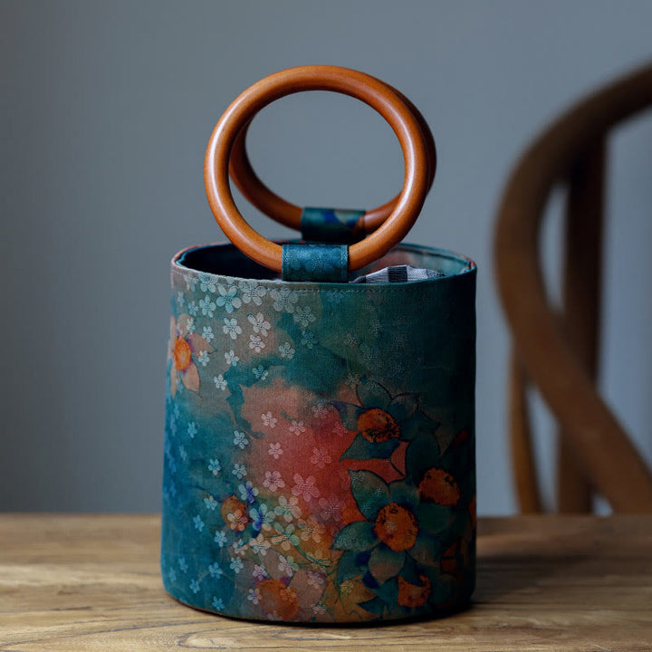 Buddha Stones Bamboo Leaf Butterfly Cherry Blossom Persimmon Wood Handle Handbag - Persimmon 16*17*12cm - image 13