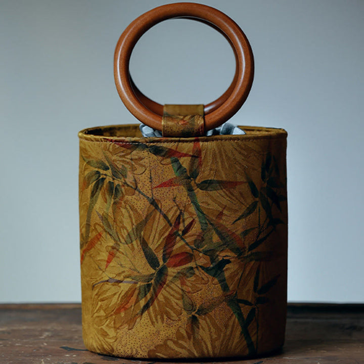 Buddha Stones Bamboo Leaf Butterfly Cherry Blossom Persimmon Wood Handle Handbag - image 1