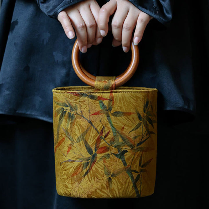 Buddha Stones Bamboo Leaf Butterfly Cherry Blossom Persimmon Wood Handle Handbag - image 5