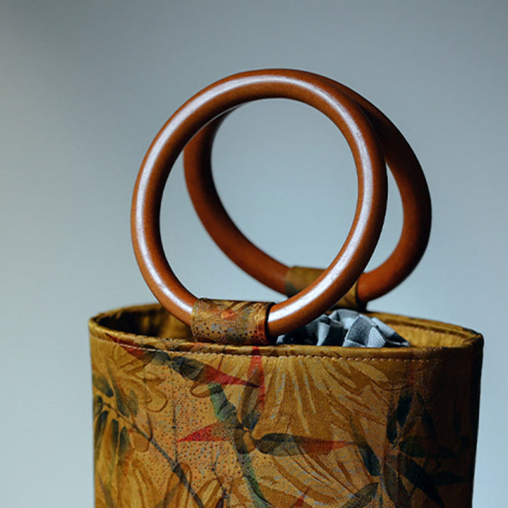 Buddha Stones Bamboo Leaf Butterfly Cherry Blossom Persimmon Wood Handle Handbag - image 2