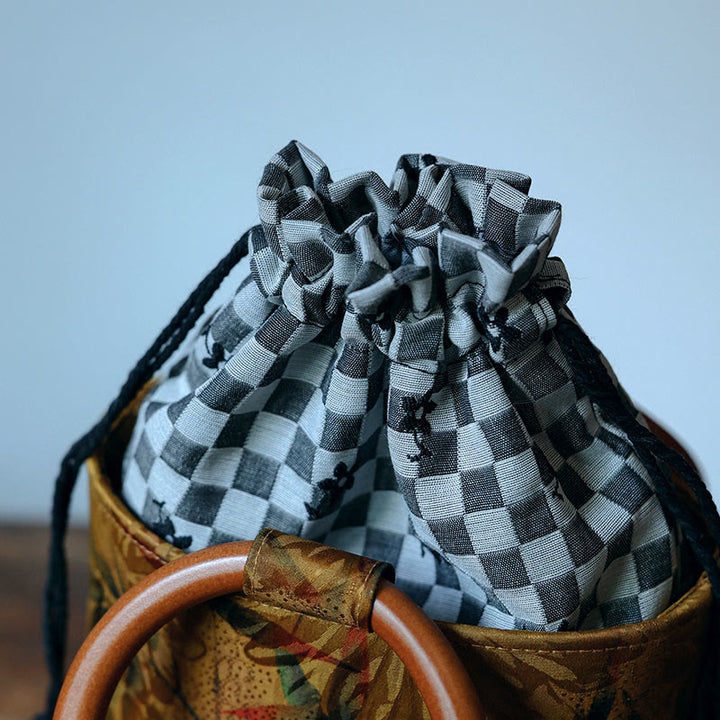 Buddha Stones Bamboo Leaf Butterfly Cherry Blossom Persimmon Wood Handle Handbag - image 3