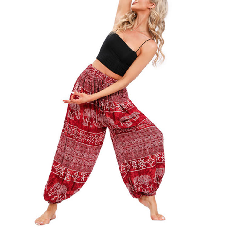 Buddha Stones Elephant Geometry Pattern Casual Loose Harem Trousers Women's Yoga Pants - Red-US4-8/10，UK/AU8-12/14，EU36-40/42 (F) - image 2