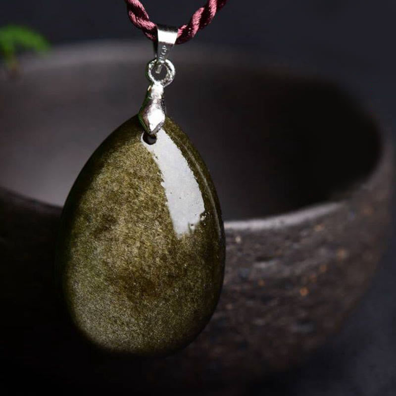 Buddha Stones Gold Sheen Obsidian Black Obsidian Rainbow Obsidian Wealth Water Drop Necklace Pendant - image 7