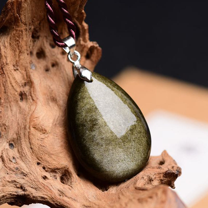 Buddha Stones Gold Sheen Obsidian Black Obsidian Rainbow Obsidian Wealth Water Drop Necklace Pendant - Gold Sheen Obsidian - image 1