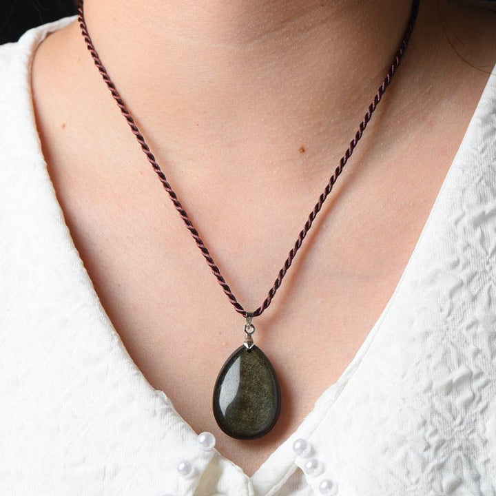 Buddha Stones Gold Sheen Obsidian Black Obsidian Rainbow Obsidian Wealth Water Drop Necklace Pendant - image 9