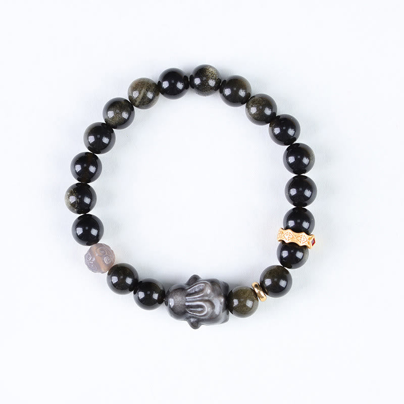Buddha Stones Gold Sheen Obsidian Black Obsidian Silver Sheen Obsidian Cute Rabbit Protection Bracelet - image 2