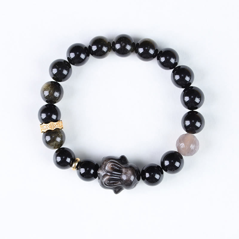 Buddha Stones Gold Sheen Obsidian Black Obsidian Silver Sheen Obsidian Cute Rabbit Protection Bracelet - 10mm(Wrist Circumference 14-16cm) - image 6
