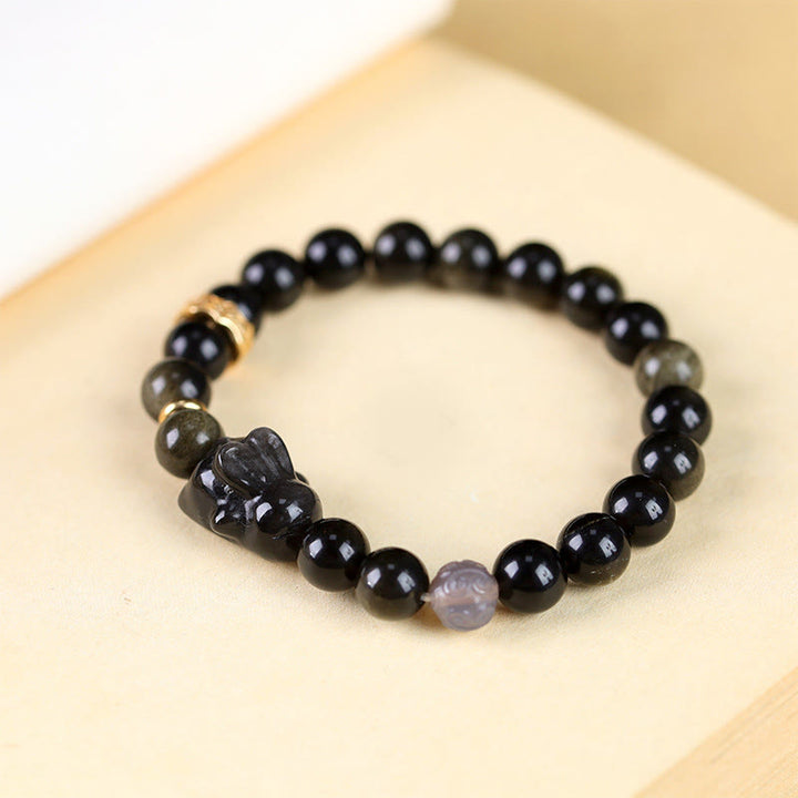 Buddha Stones Gold Sheen Obsidian Black Obsidian Silver Sheen Obsidian Cute Rabbit Protection Bracelet - image 1