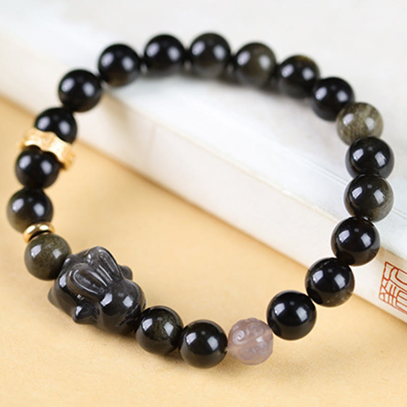 Buddha Stones Gold Sheen Obsidian Black Obsidian Silver Sheen Obsidian Cute Rabbit Protection Bracelet - image 7