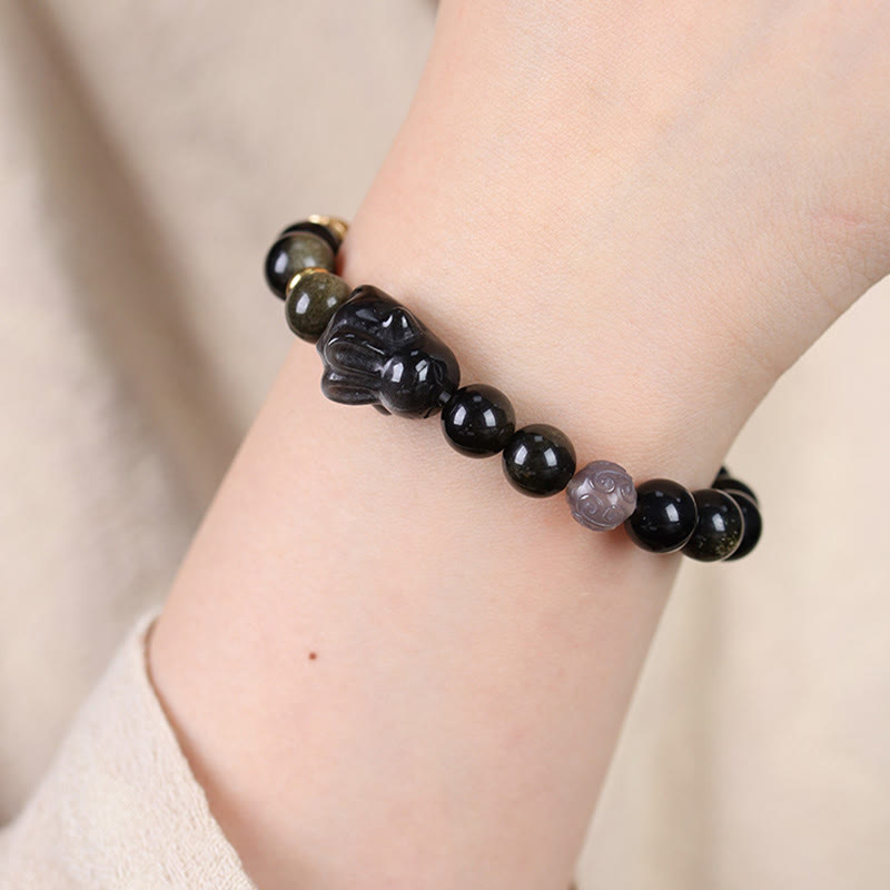 Buddha Stones Gold Sheen Obsidian Black Obsidian Silver Sheen Obsidian Cute Rabbit Protection Bracelet - image 10
