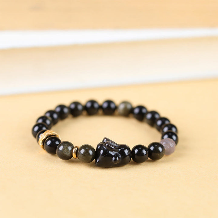 Buddha Stones Gold Sheen Obsidian Black Obsidian Silver Sheen Obsidian Cute Rabbit Protection Bracelet - 8mm(Wrist Circumference 14-16cm) - image 0