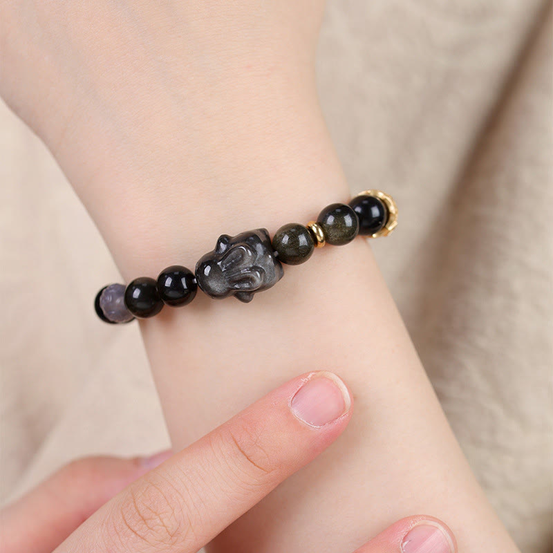 Buddha Stones Gold Sheen Obsidian Black Obsidian Silver Sheen Obsidian Cute Rabbit Protection Bracelet - image 11