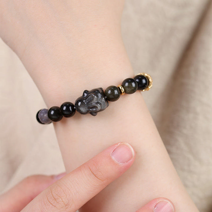 Buddha Stones Gold Sheen Obsidian Black Obsidian Silver Sheen Obsidian Cute Rabbit Protection Bracelet - image 11