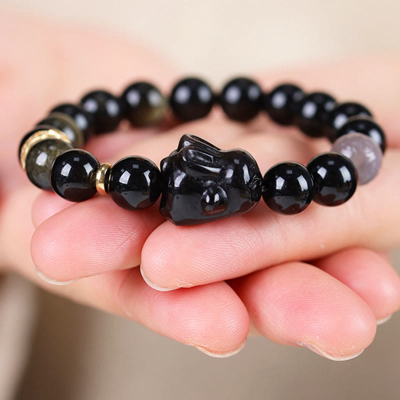 Buddha Stones Gold Sheen Obsidian Black Obsidian Silver Sheen Obsidian Cute Rabbit Protection Bracelet - image 8