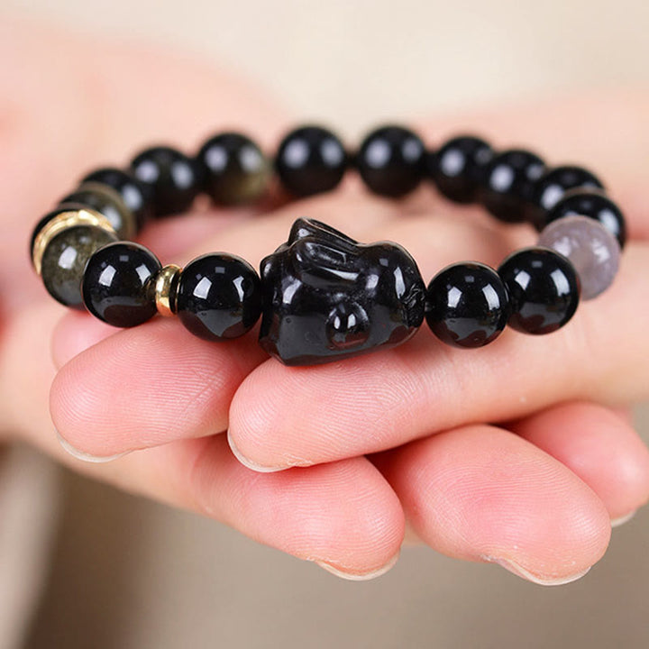 Buddha Stones Gold Sheen Obsidian Black Obsidian Silver Sheen Obsidian Cute Rabbit Protection Bracelet - image 8