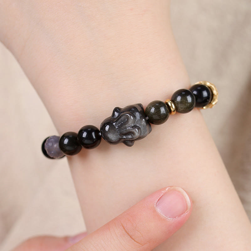 Buddha Stones Gold Sheen Obsidian Black Obsidian Silver Sheen Obsidian Cute Rabbit Protection Bracelet - image 12