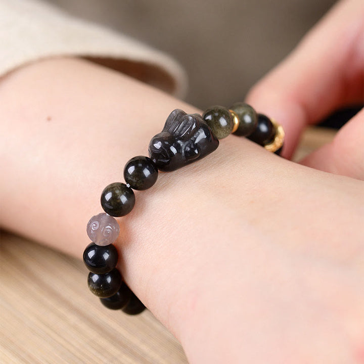 Buddha Stones Gold Sheen Obsidian Black Obsidian Silver Sheen Obsidian Cute Rabbit Protection Bracelet - image 9