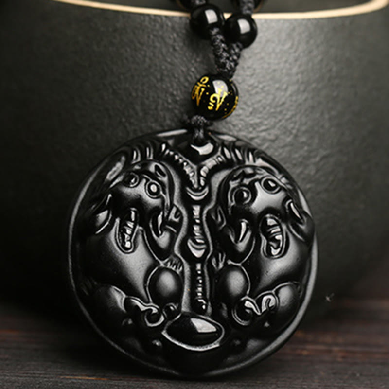 Buddha Stones Black Obsidian Double Pixiu Bead Rope Purification Necklace Pendant - image 2
