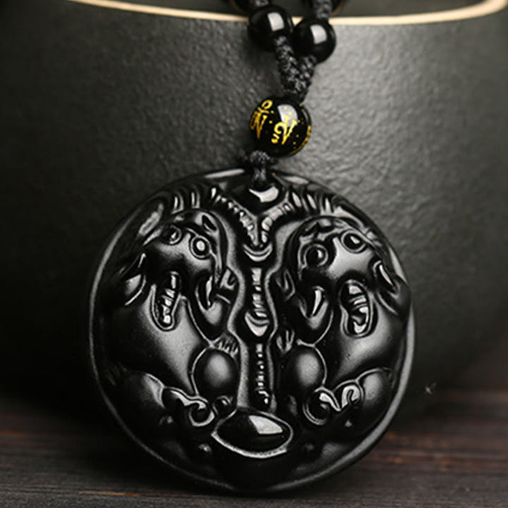 Buddha Stones Black Obsidian Double Pixiu Bead Rope Purification Necklace Pendant - image 2