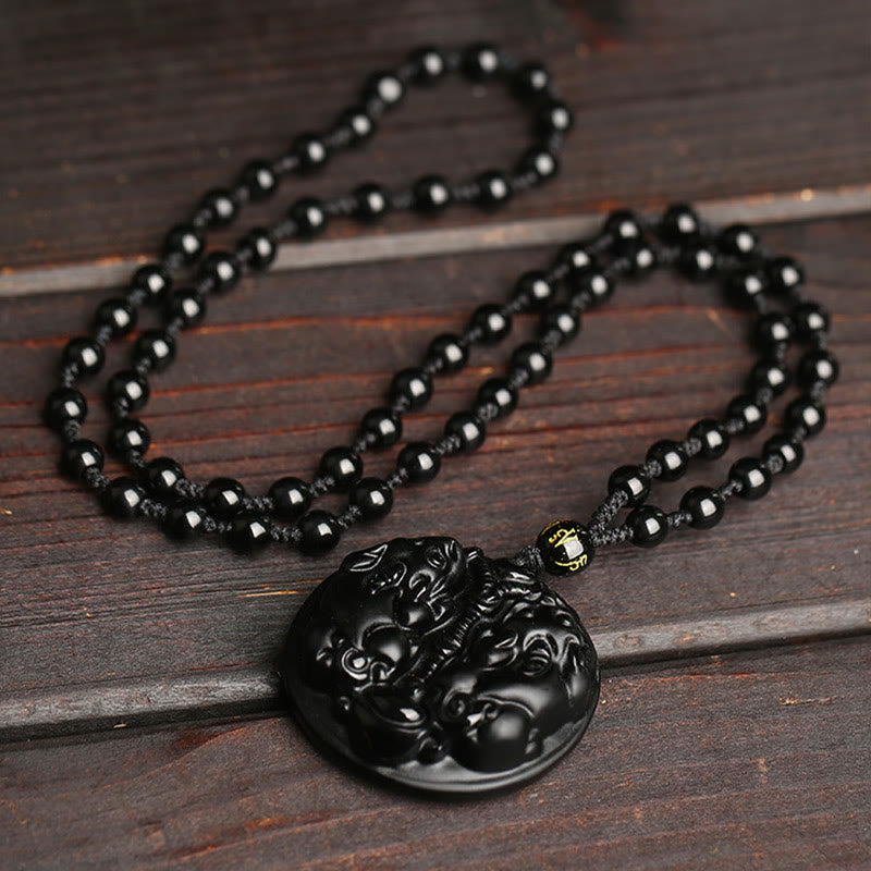 Buddha Stones Black Obsidian Double Pixiu Bead Rope Purification Necklace Pendant - image 3