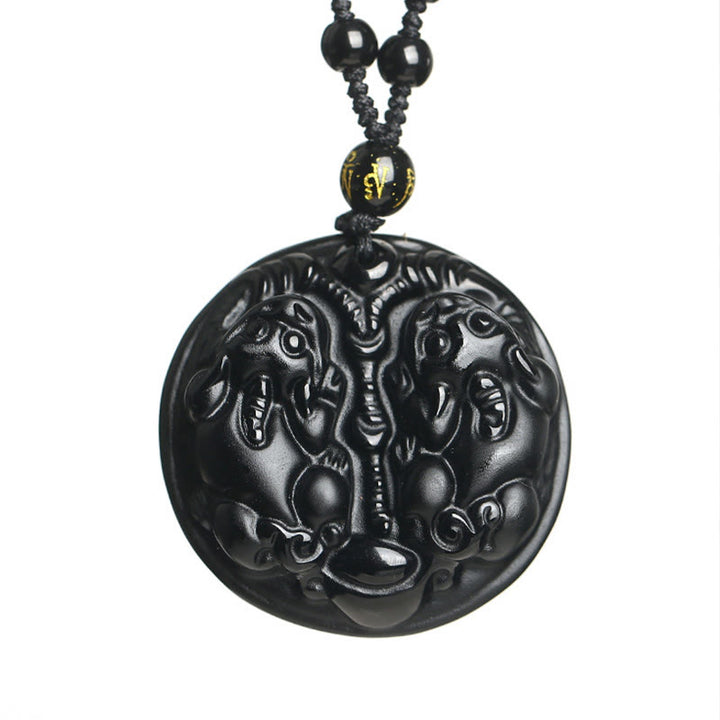 Buddha Stones Black Obsidian Double Pixiu Bead Rope Purification Necklace Pendant - image 6