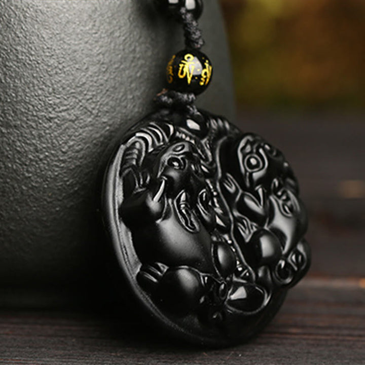 Buddha Stones Black Obsidian Double Pixiu Bead Rope Purification Necklace Pendant - image 1