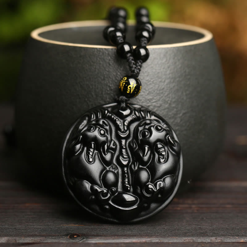 Buddha Stones Black Obsidian Double Pixiu Bead Rope Purification Necklace Pendant - image 4