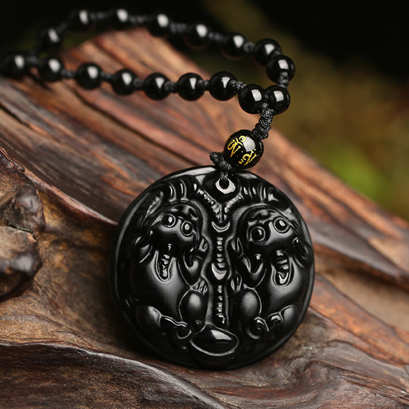 Buddha Stones Black Obsidian Double Pixiu Bead Rope Purification Necklace Pendant - Black Obsidian - image 0