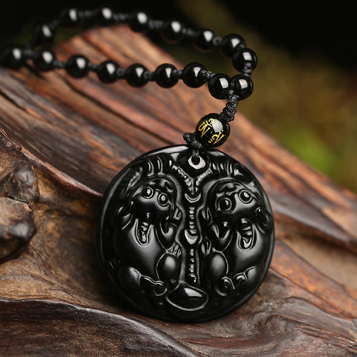 Buddha Stones Black Obsidian Double Pixiu Bead Rope Purification Necklace Pendant - Black Obsidian - image 0