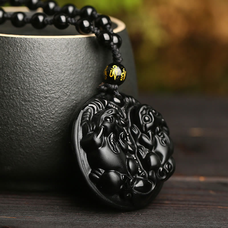 Buddha Stones Black Obsidian Double Pixiu Bead Rope Purification Necklace Pendant - image 5