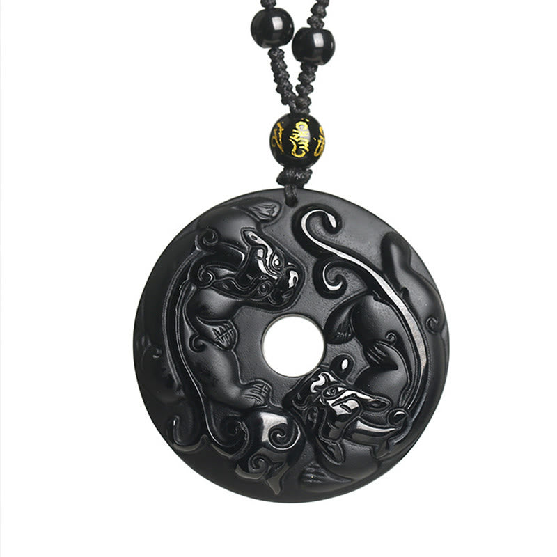 Buddha Stones Natural Black Obsidian Peace Buckle Pixiu Bead Rope Strength Necklace Pendant - image 6