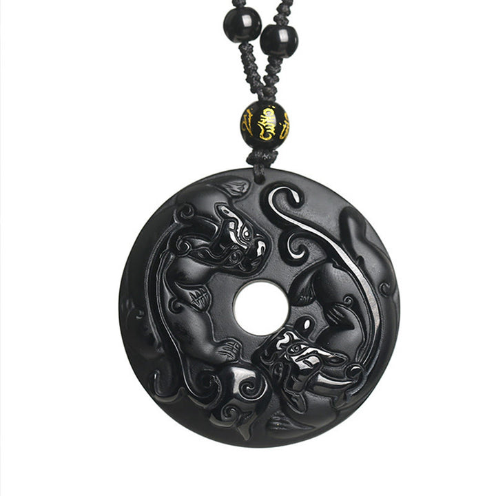 Buddha Stones Natural Black Obsidian Peace Buckle Pixiu Bead Rope Strength Necklace Pendant - image 6