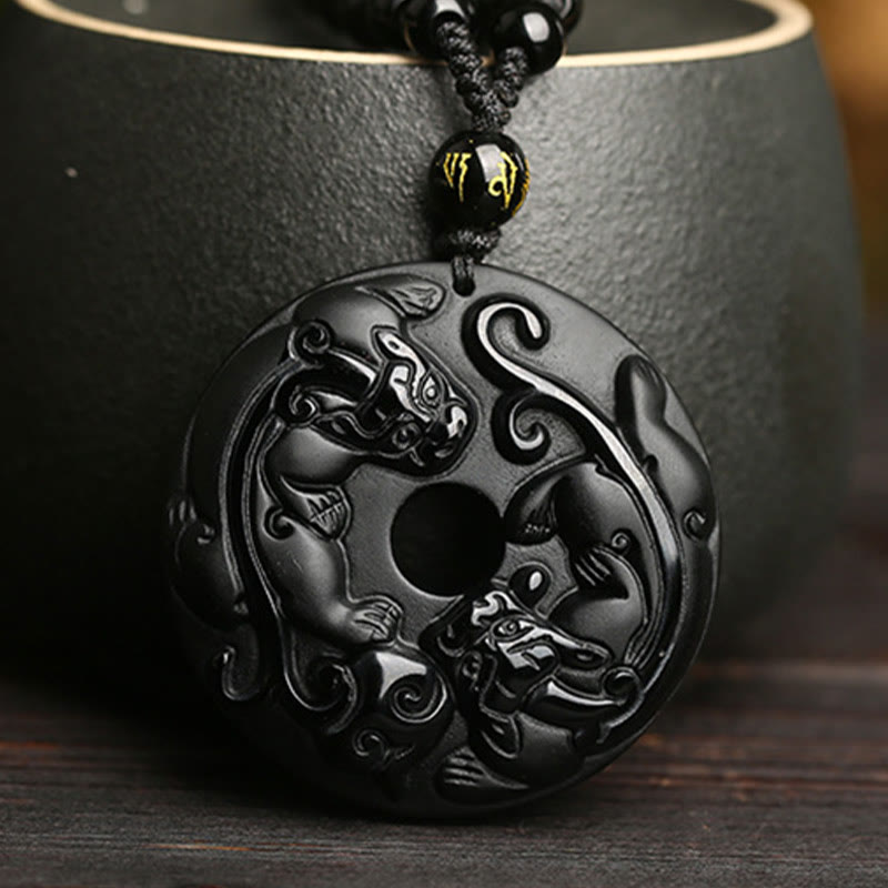 Buddha Stones Natural Black Obsidian Peace Buckle Pixiu Bead Rope Strength Necklace Pendant - image 1