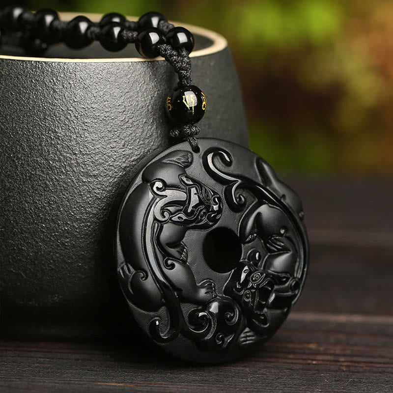 Buddha Stones Natural Black Obsidian Peace Buckle Pixiu Bead Rope Strength Necklace Pendant - image 3