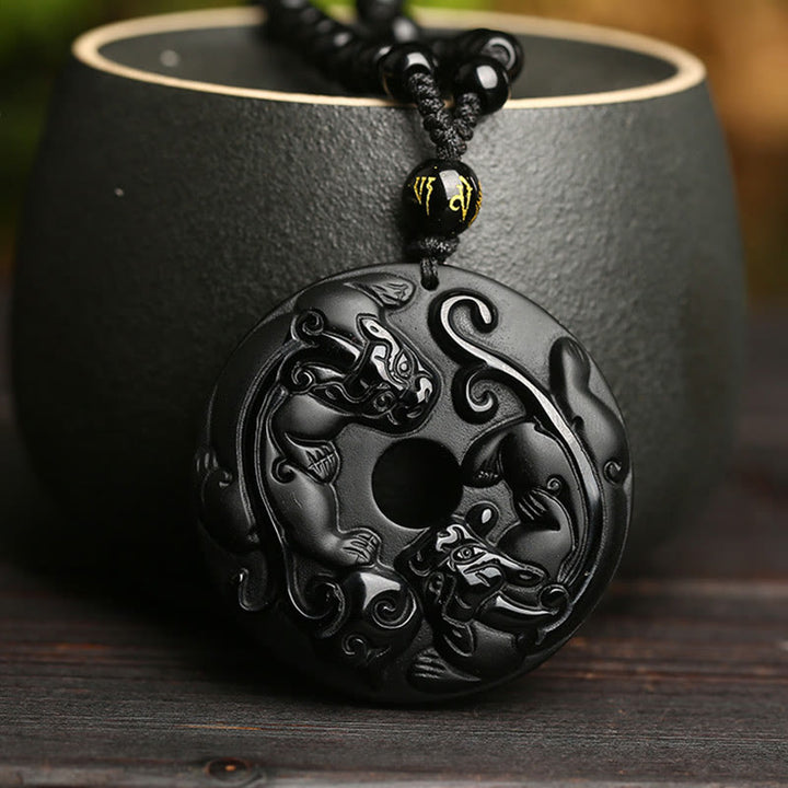Buddha Stones Natural Black Obsidian Peace Buckle Pixiu Bead Rope Strength Necklace Pendant - image 5