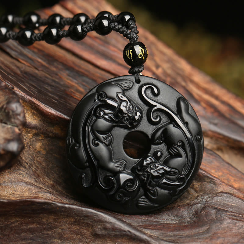 Buddha Stones Natural Black Obsidian Peace Buckle Pixiu Bead Rope Strength Necklace Pendant - Black Obsidian - image 0