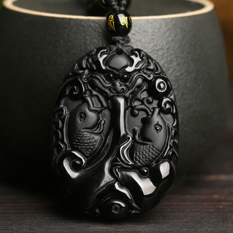 Buddha Stones Black Obsidian Koi Fish Bead Rope Fulfilment Strength Necklace Pendant - image 1