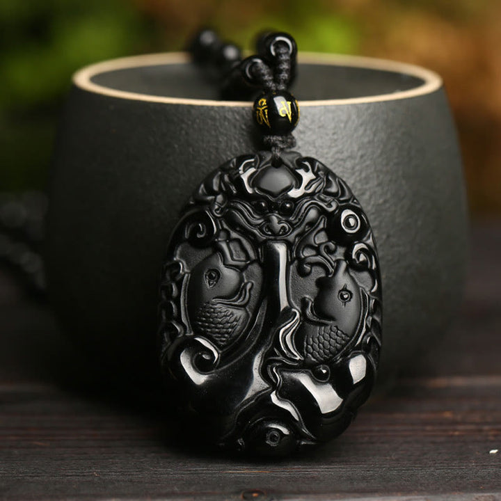 Buddha Stones Black Obsidian Koi Fish Bead Rope Fulfilment Strength Necklace Pendant - image 4