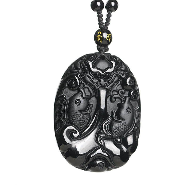 Buddha Stones Black Obsidian Koi Fish Bead Rope Fulfilment Strength Necklace Pendant - image 6