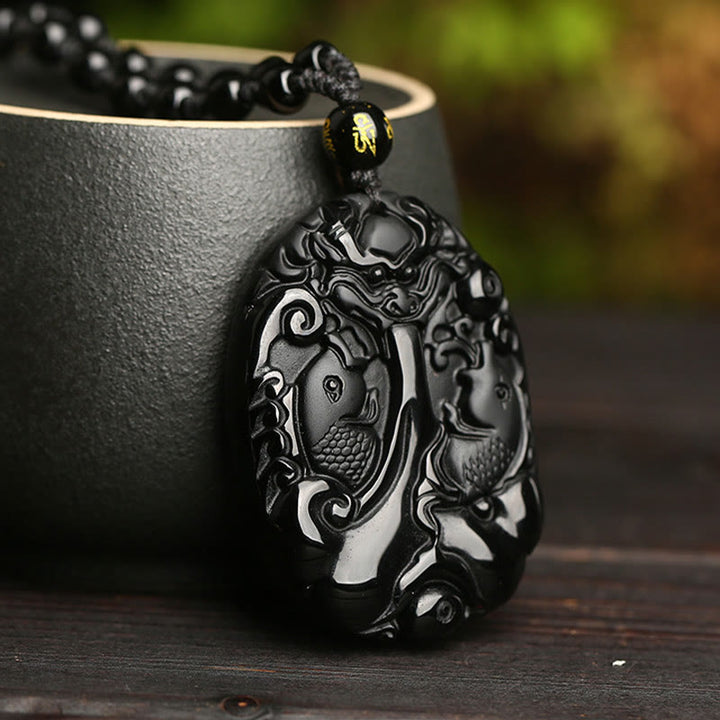 Buddha Stones Black Obsidian Koi Fish Bead Rope Fulfilment Strength Necklace Pendant - image 2