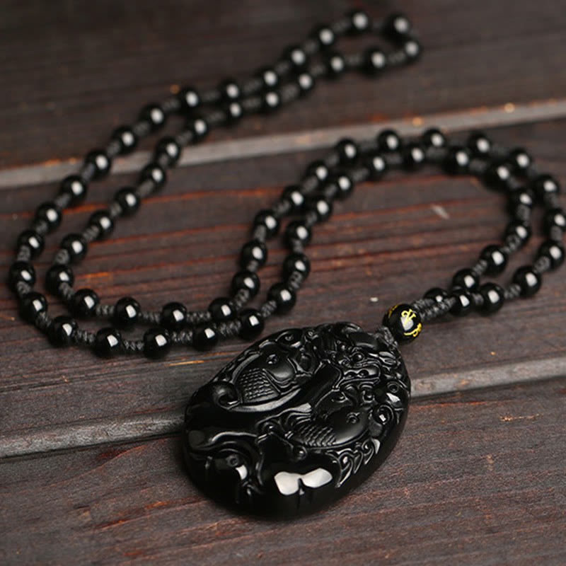 Buddha Stones Black Obsidian Koi Fish Bead Rope Fulfilment Strength Necklace Pendant - image 3