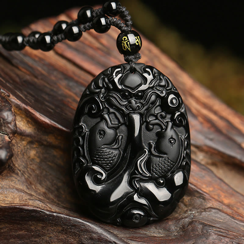 Buddha Stones Black Obsidian Koi Fish Bead Rope Fulfilment Strength Necklace Pendant - Black Obsidian - image 0