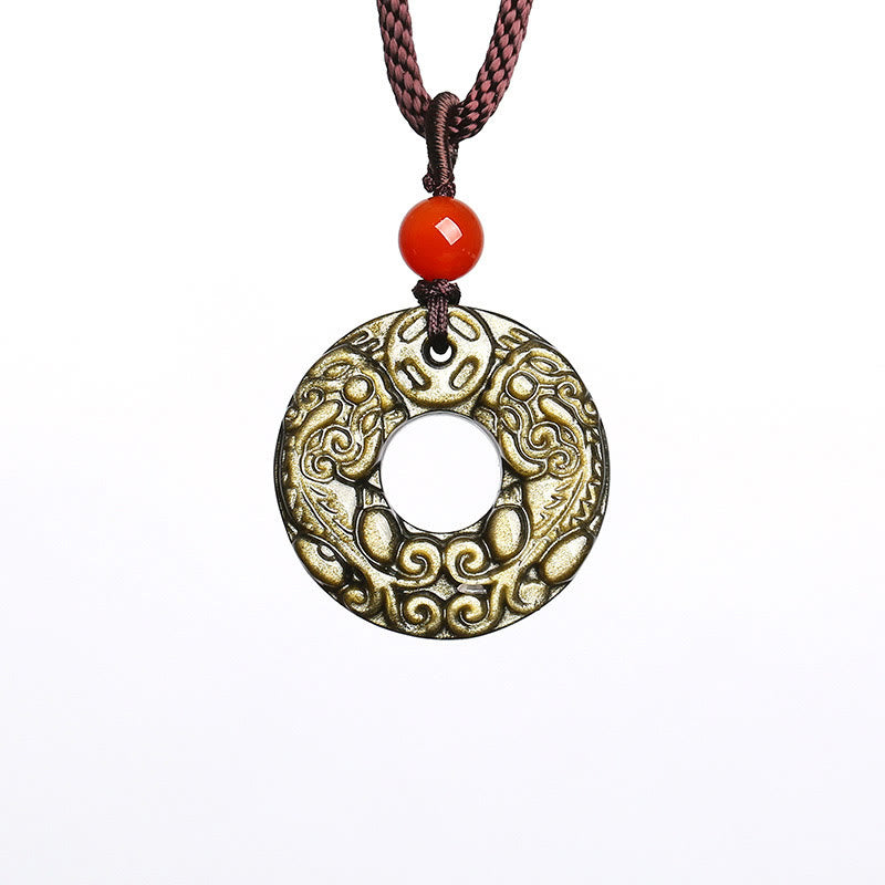 Buddha Stones Gold Sheen Obsidian Peace Buckle Pixiu Copper Coin Wealth Necklace Pendant - image 5