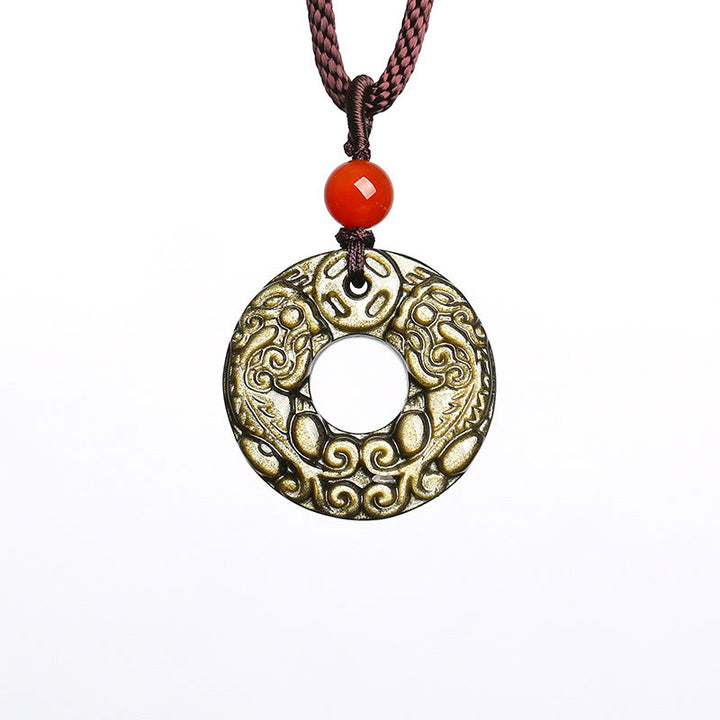 Buddha Stones Gold Sheen Obsidian Peace Buckle Pixiu Copper Coin Wealth Necklace Pendant - image 5