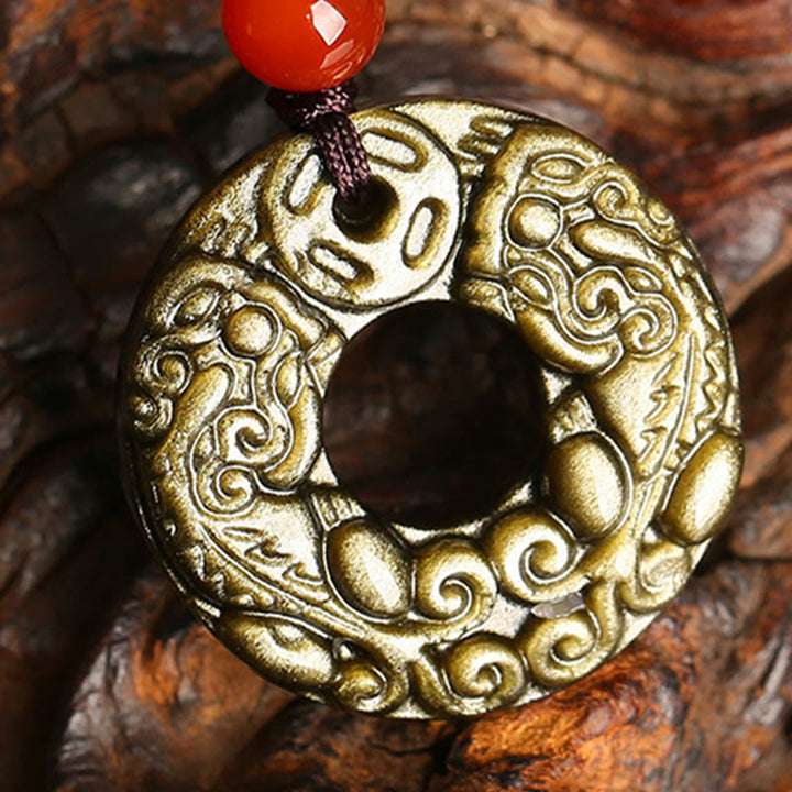 Buddha Stones Gold Sheen Obsidian Peace Buckle Pixiu Copper Coin Wealth Necklace Pendant - image 4