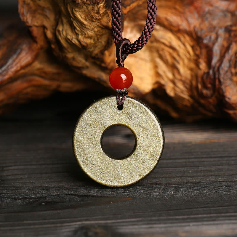 Buddha Stones Gold Sheen Obsidian Peace Buckle Pixiu Copper Coin Wealth Necklace Pendant - image 2