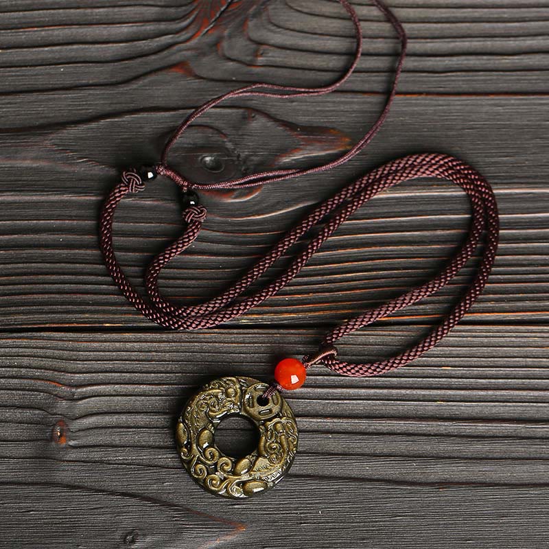Buddha Stones Gold Sheen Obsidian Peace Buckle Pixiu Copper Coin Wealth Necklace Pendant - image 3