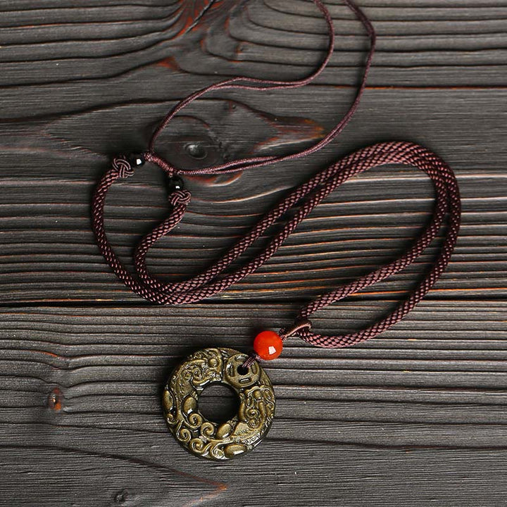 Buddha Stones Gold Sheen Obsidian Peace Buckle Pixiu Copper Coin Wealth Necklace Pendant - image 3