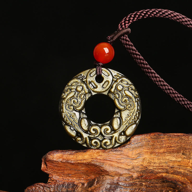Buddha Stones Gold Sheen Obsidian Peace Buckle Pixiu Copper Coin Wealth Necklace Pendant - Gold Sheen Obsidian - image 0